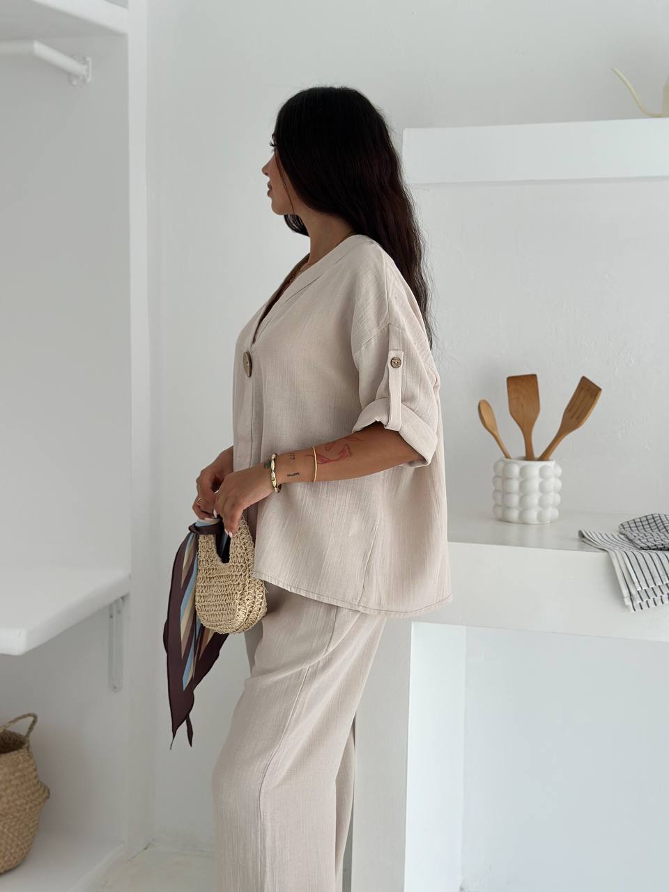 Apoletli Düğme Detaylı Takım - Bej