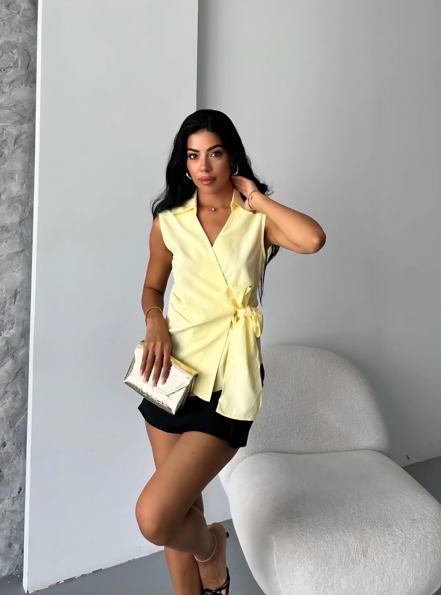 Fiyonklu Kolsuz Gömlek - Limon Sarısı