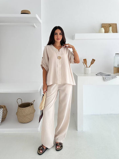 Apoletli Düğme Detaylı Takım - Bej