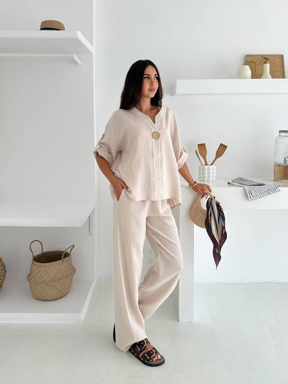 Apoletli Düğme Detaylı Takım - Bej