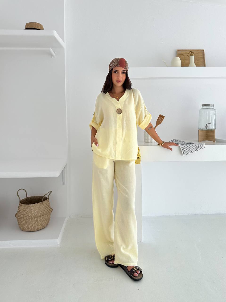 Apoletli Düğme Detaylı Takım - Limon Sarısı