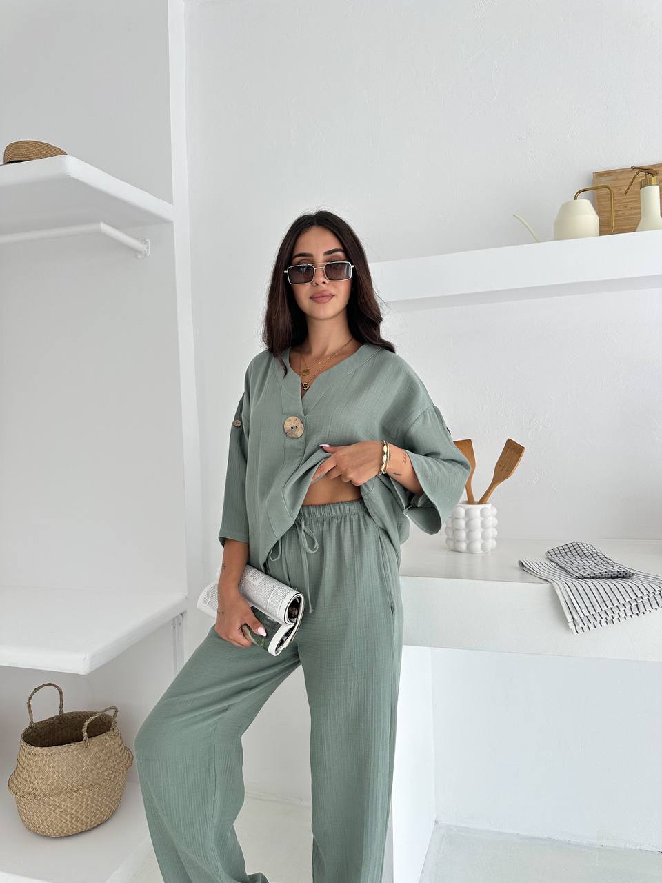 Apoletli Düğme Detaylı Takım - Mint