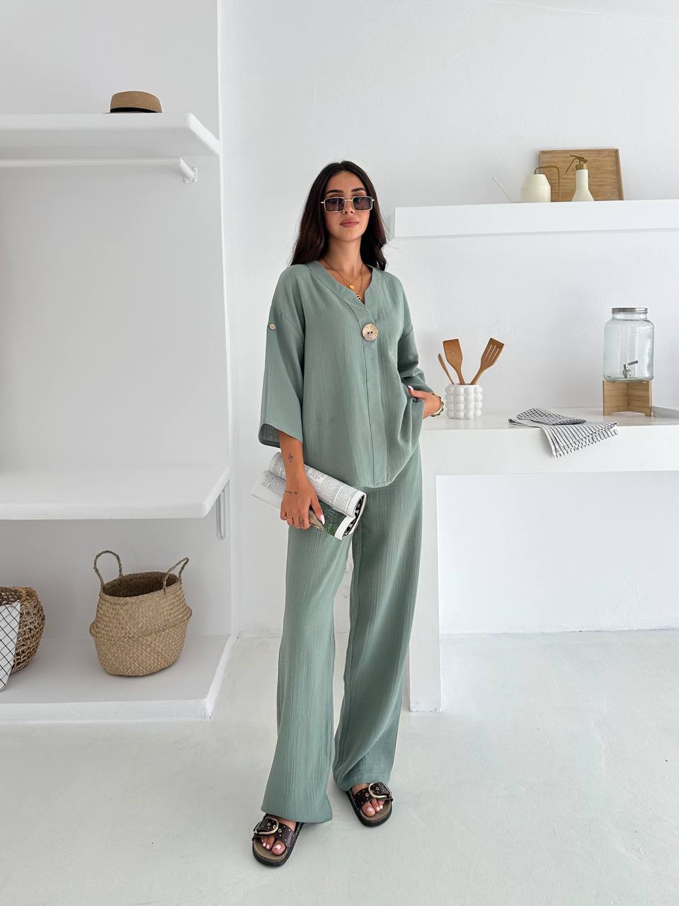 Apoletli Düğme Detaylı Takım - Mint