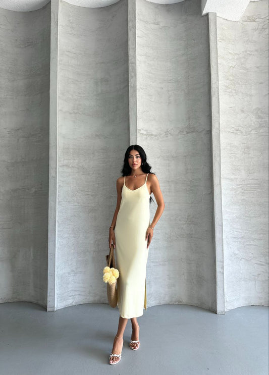 Kristal Askılı Elbise - Limon Sarısı