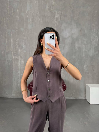 Tensel Yelek Pantolon Takım - Kahverengi