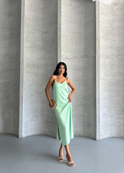 Kristal Askılı Elbise - Fıstık Yeşili