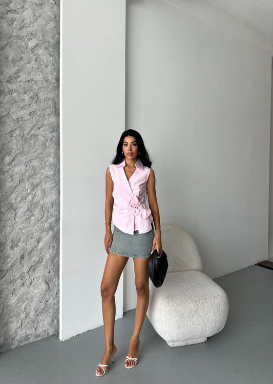Fiyonklu Kolsuz Gömlek - Şeker Pembe