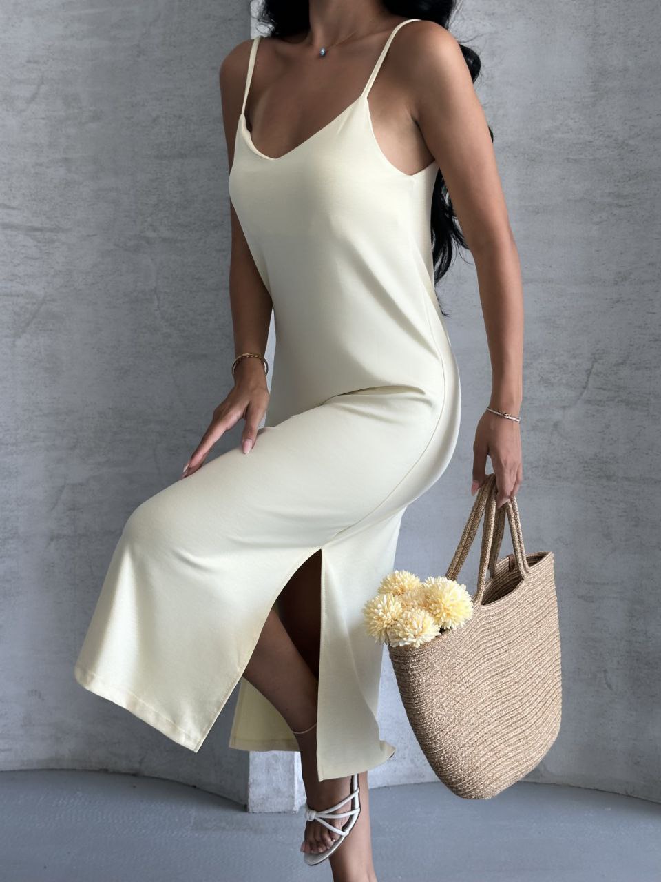 Kristal Askılı Elbise - Limon Sarısı