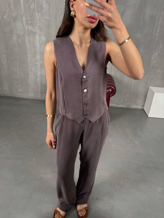 Tensel Yelek Pantolon Takım - Kahverengi