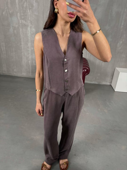 Tensel Yelek Pantolon Takım - Kahverengi