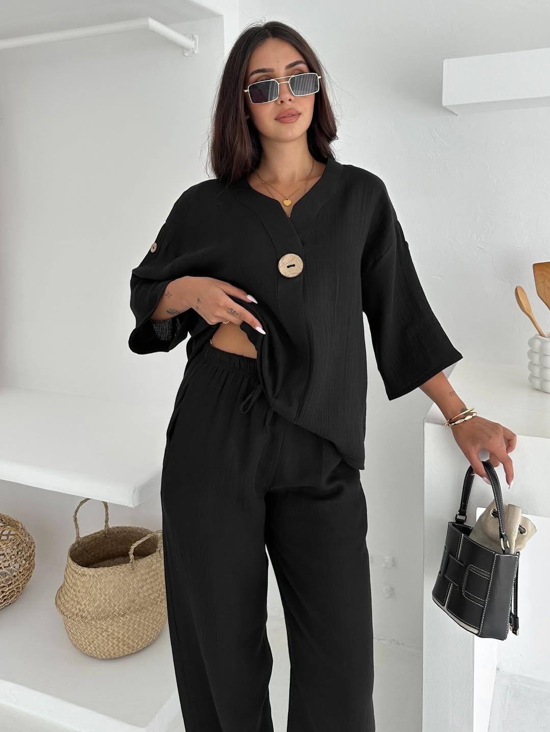 Apoletli Düğme Detaylı Takım - Siyah