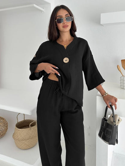 Apoletli Düğme Detaylı Takım - Siyah